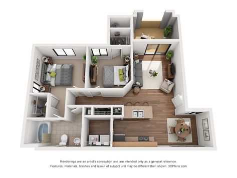 2 Bedroom Apartment Floor Plan, Living Room Cinema, Render Bathroom, Room Cinema, Hospital Office, Washers And Dryers, 3 Bedroom Floor Plan, 3d Floor Plan, Apartment Floor Plan