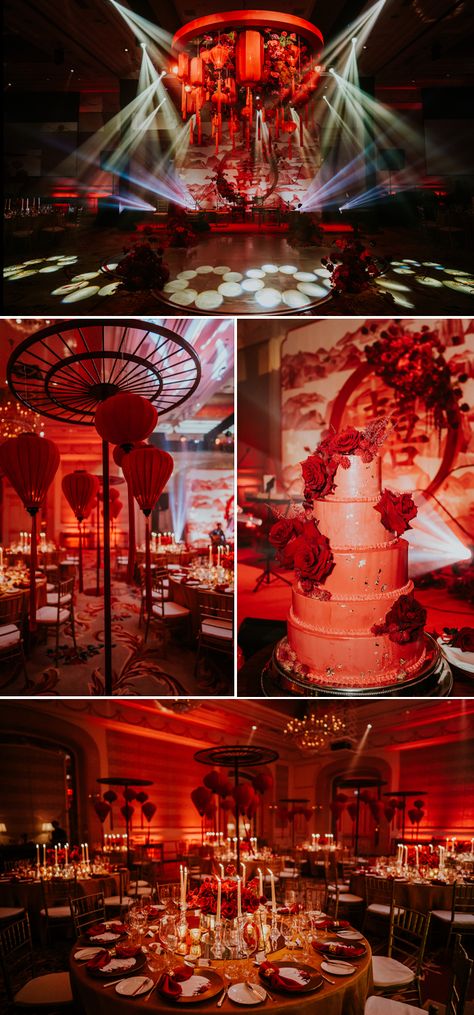 A red theme wedding inspiration in ballroom Japanese Wedding Theme Ideas, Atla Themed Wedding, Japanese Theme Wedding Decor, Asian Theme Wedding Decoration, Chinese Wedding Decorations Indoor, Mulan Themed Wedding, Mulan Quinceanera Theme, Chinese Restaurant Wedding Decor, Crazy Rich Asians Wedding Theme