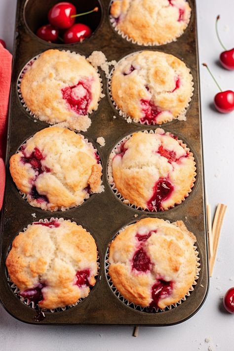 Cobbler Muffins, Cherry Pie Filling Recipes, Cherry Recipes Dessert, Cherry Muffins, Vanilla Muffins, Tin Recipes, Cherry Compote, Pie Filling Recipes, Cranberry Muffins