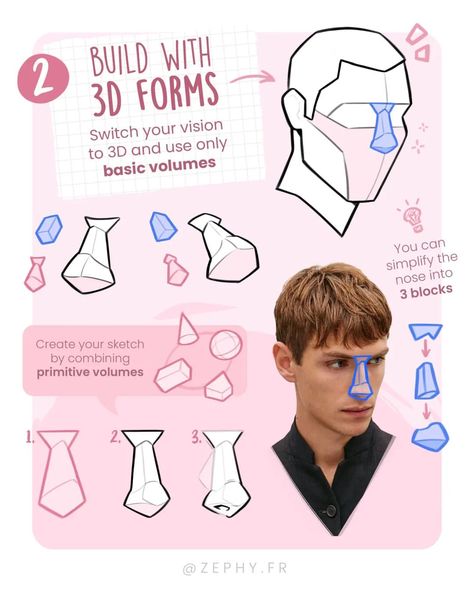 📝 Drawing tutorial about the nose ➡️ (Swipe for 🇫🇷) 🇬🇧 Since you've been asking me for a while, here's a detailed tutorial on how I draw… | Instagram How To Sketch Faces, Sketch Faces, 3d Forms, رسم كاريكاتير, Head Anatomy, Drawing Anatomy, Drawing Ideas List, 얼굴 드로잉, Anatomy Tutorial