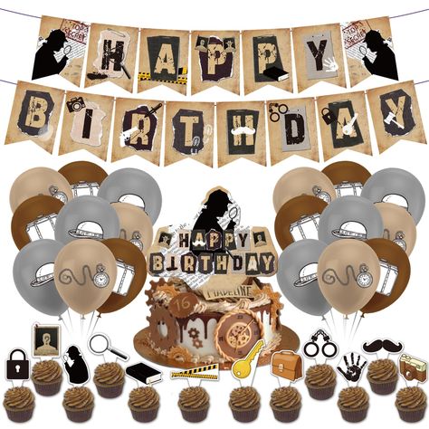 PRICES MAY VARY. Detective Party Supplies: Package includes 1 * detective HAPPY BIRTHDAY banner, 1 * detective HAPPY BIRTHDAY cake topper, 12 * detective cupcake toppers, 18* detective balloons, 1 ribbon. Perfect for detective themed parties, mystery parties. Material: Detective happy birthday banner cake topper and cupcake toppers are made of high quality cardboard, not easy to fold and tear; detective balloons are made of natural latex, high quality printing, resistant to fading and cracking. Detective Party Decorations, Detective Theme Party, Clue Themed Birthday Party, Birthday Banner Cake Topper, Detective Party, Clue Party, Mystery Parties, Secret Party, Spy Party