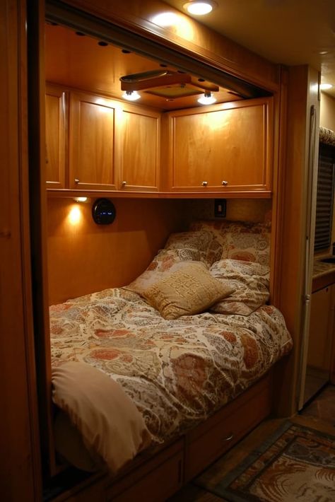 Rv Bedside Table Ideas, Fifthwheel Remodel, Rv Bedroom Ideas, Narrow Wardrobe, Collapsible Shelves, Curtain Divider, Rv Bedroom, Hanging Wardrobe, Small Nightstand