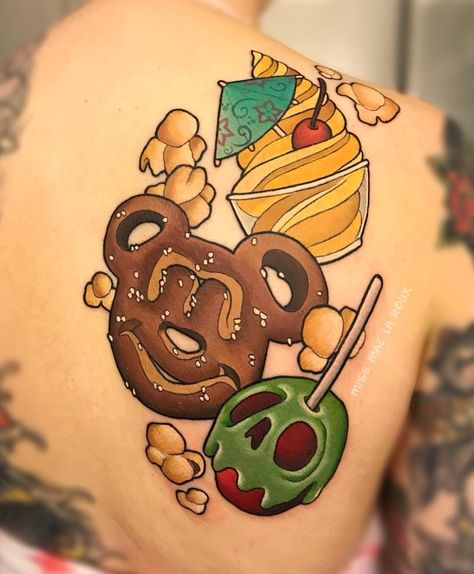 Disney Food Tattoo Disneyland Treats, Food Tattoo, Disney Sleeve, Pineapple Whip, Food Tattoos, Princess Tattoo, Mouse Tattoos, Elements Tattoo, Disney Treats