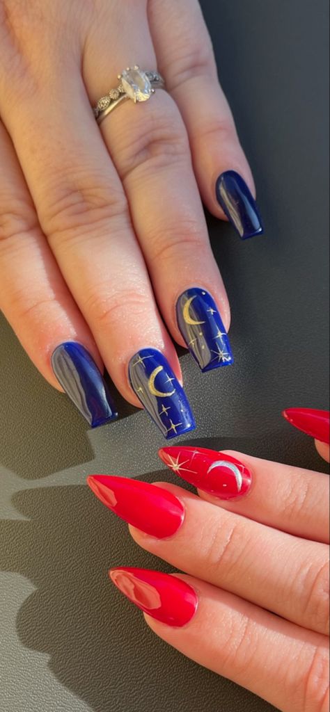 Midnights midnight nails navy nails red nails moon nails star nails Navy Blue And Red Nails, Navy And Red Nails, Blue And Red Nails, Midnight Nails, Nails Moon, Nails Navy, Nails Star, Dark Blue Nails, Navy Nails