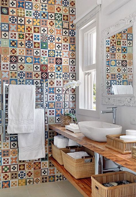 Patchwork Tiles Bathroom, Multi Color Tile, Colorful Bathroom Tile, Tile Accent Wall, Patchwork Tiles, White Bathroom Designs, Printed Tile, Powder Room Design, White Appliances