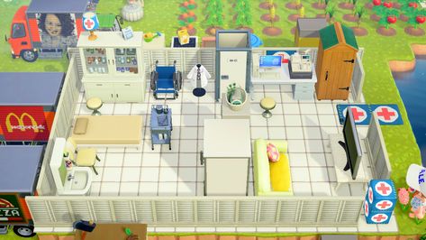 Hospital clinic, ACNH, design ideas, medical clinic Animal Crossing Hospital Design Codes, Acnh Medical Clinic, Acnh Hospital Design Codes, Acnh Hospital Patient Ward, Acnh Doctor Office, Acnh Hospital Design, Animal Crossing Hospital Ideas, Acnh Hospital Ideas, Animal Crossing Hospital