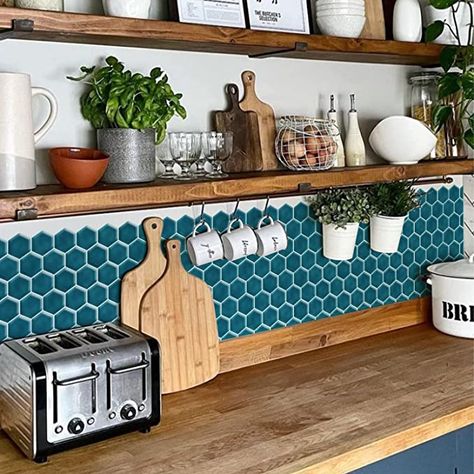 Stick On Tiles Kitchen Backsplash Ideas, Kitchen Tile Stickers, Teal Backsplash Kitchen, Stick On Tiles Kitchen, Small Kitchen Solutions, Sticky Tile, Tiles For Kitchen Backsplash, Stick On Wall Tiles, Peel And Stick Tile Backsplash