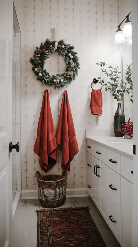 Even the smallest bathroom can shine with these Christmas decor ideas! Learn how to add festive touches to small spaces with ease. #ChristmasBathroomDecorSmallSpaces #XmasBathroomDecorIdeas #ChristmasBathroom Christmas Toilet Decoration, Christmas Bathroom Shelf Decor, Small Bathroom Christmas Decor, Christmas Decor Small House, Christmas Decor Ideas Bathroom, Small House Christmas Decor, Christmas Bathroom Decor Small Spaces, Christmas Decorations Bathroom, Christmas Bathroom Ideas