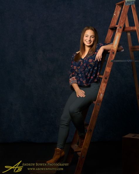 Love using a ladder for posing. Glad I bought this one about 20 years ago... wooden ladders are hard to come by.... Ladder Family Photoshoot, Ladder Studio Photoshoot, Posing With Ladder, Ladder Poses Photo Shoot, Ladder Photoshoot Photo Ideas, Ladder Poses, Ladder Photoshoot, Ladder Photography, Flower Ladder