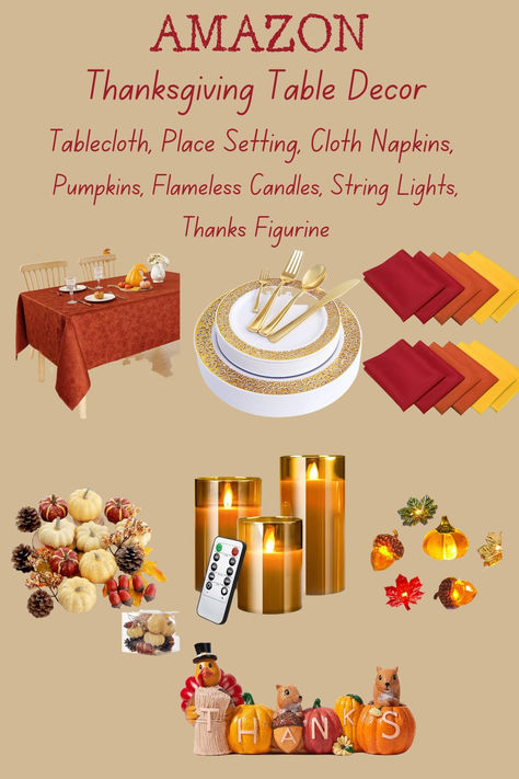 This Thanksgiving, make your table decor the focal point with a tablecloth, place setting, cloth napkins, flameless candles, string lights, pumpkins, and a Thanks figurine. "As an Amazon Influencer, I earn from qualifying purchases" If you click on my affiliate link and make a purchase, I will receive a small commission at no extra cost to you. Thanksgiving Dinner Decor, Thanksgiving Stuffing Recipes, Thanksgiving Sweet Treats, Thanksgiving Table Decor, Amazon Influencer, Rustic Table Decor, Holiday Table Settings, Thanksgiving Diy, Autumn Table