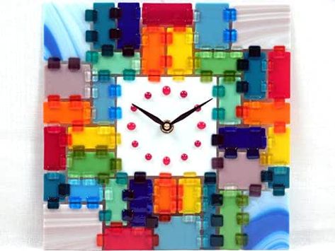 A decorative fused glass wall clock"Rectangular Fantasy" - Summer Day Geometric Fused Glass Ideas, Fused Glass Picture Frames, Fused Glass Wall Clocks, Rectangle Resin Clock, Glass Wall Clock, Glass Bridge, Fused Glass Artwork Sculptures & Statues, Square Wall Clock, Amazon Handmade