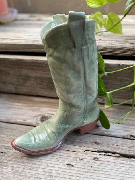 Pottery Cowboy Boot, Ceramic Cowboy Boot, Clay Cowboy Boot, Cowboy Boot Planter, Cool Ceramics, Cowboy Boot Vase, Boot Planter, Boot Vase, Light Bulb Crafts