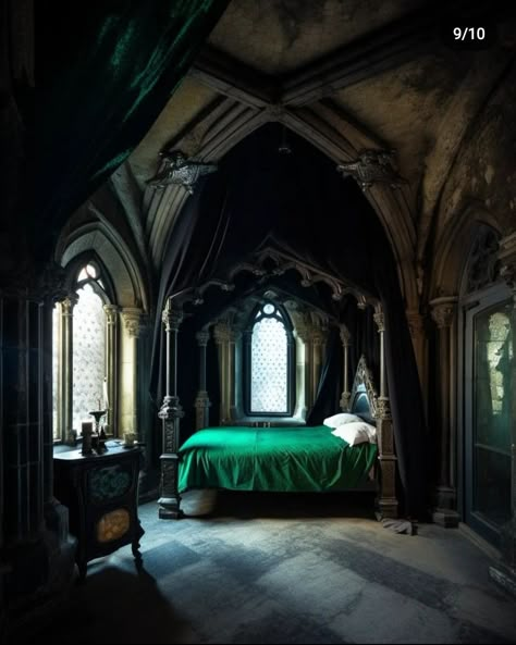 Slytherin Common Room Bedroom, Slytherin Room Aesthetic, Slytherin Dorms, Slytherin Bedroom Aesthetic, Harry Potter Dorm Room, Slytherin Dorm Room, Slytherin Bedroom, Hogwarts Bedroom, Hogwarts Dorm