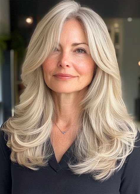 28 Timeless Long Layered Haircuts & Hairstyles for Women Over 50 Butterfly Haircut With Side Part, Long Hair With Front Layers, Haircuts For Long Hair Side Part, Blonde Hairstyles Medium Length, Butterfly Bangs, Long Layered Hair With Side Bangs, Haircut For Women Over 50, Hairstyle For Women Over 50, Long Layered Haircut