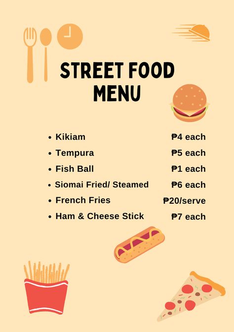 Street Food Menu Street Food Menu Design, Street Food Business, Street Food Design, Filipino Street Food, Coffee Shop Business, Menu Layout, Sample Menu, Fish Ball, Food Menu Design