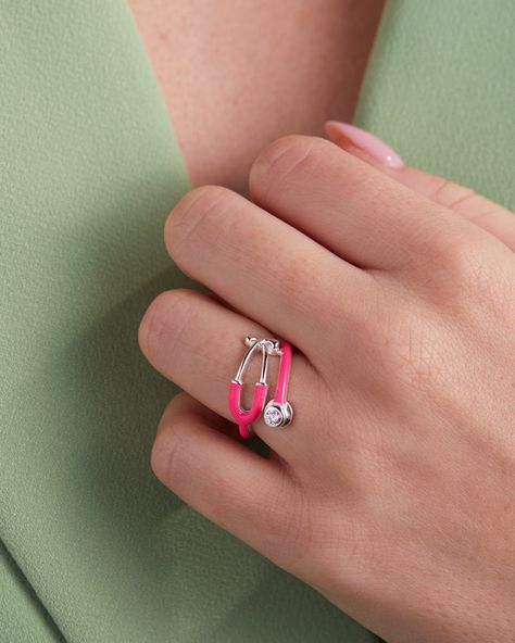 Stethoscope Ring, Nurse Nails, Pink Stethoscope, Stethoscope Charms, Pink Wallpaper Girly, Nursing Accessories, Healing Hands, Healthcare Workers, Doctor Gifts