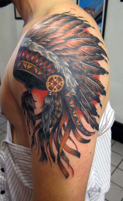 Native American Indian Headdress tattoo by Tasha Rubinow @ Inborn Tattoo, NYC Indian Headdress Tattoo, Indian Chief Tattoo, Native Indian Tattoos, Indian Skull Tattoos, Native American Tattoo Designs, Indian Tattoo Design, Tatoo 3d, Headdress Tattoo, Indian Tattoos