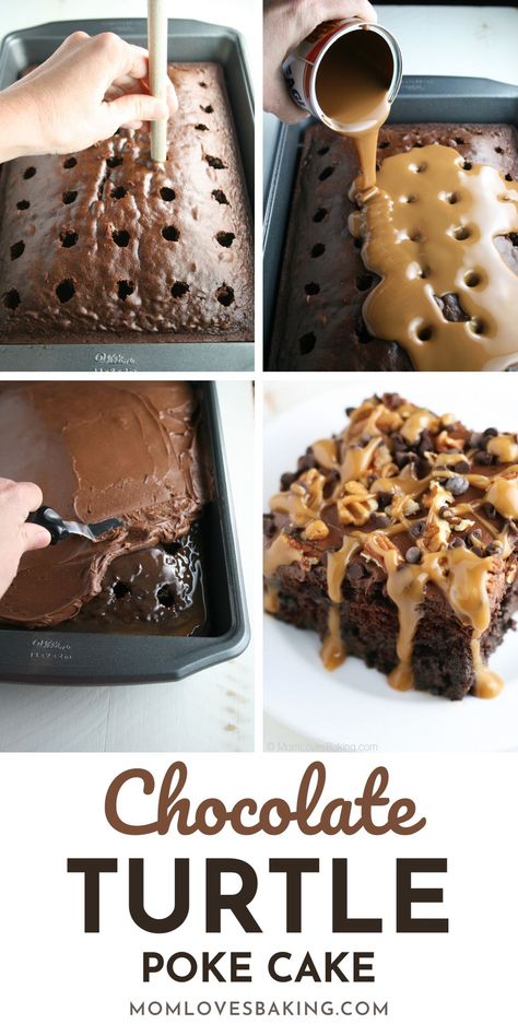 Chocolate Turtle Poke Cake Recipe, Gooey Caramel Turtle Poke Cake, Chocolate Cake Poke Recipe, Carmel Poke Cakes, Carmel Turtle Poke Cake, Easy Turtle Cake, Chocolate Poke Cake Recipes, Coffee Poke Cake, Recipe Using Chocolate Cake Mix