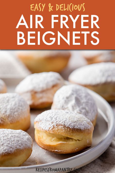 This recipe for Air Fryer Beignets gives you delectable beignets that are crispy on the outside and light and fluffy on the inside. Making beignets in air fryer means you can enjoy the delicious classic New Orleans style pastry without the added oil and calories of the traditional deep fried version. A perfect Sunday morning treat, you'll love how easy it is to make homemade air fryer beignets. Click through to get this awesome Air Fryer beignets recipe!! #airfryer #beignets #homemadebeignets Air Fryer Binet, Biscuit Beignets Air Fryer, Air Fryer Cronuts Recipes, Beignets In Air Fryer, Air Fryer Beniegts, Air Fried Beignets, Zeppoli Recipe Air Fryer, Air Fryer Beniegts Recipe, Air Fryer Beignets Easy