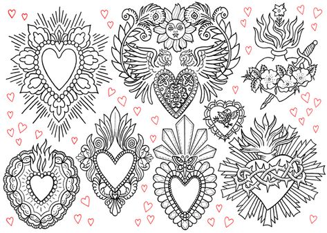 Hearts Milagros - Sunny Buick Sacred Heart Tattoo Feminine, Milagros Heart Tattoo, Sacred Heart Quotes, Milagros Tattoo, Sacred Heart Tattoo Mexican, Mexican Heart Art, Mexican Heart Tattoo, Sacred Heart Drawing, Sacred Heart Tattoo Design