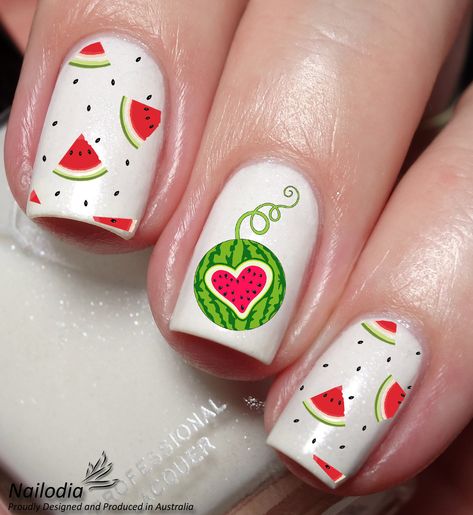 The Package Includes: 1. Watermelon Nail Art Sticker Wrap (20 Decals per sheet) 2. Instruction You will recieve exactly what you see on the last image of the item. These lovely decals can be applied over any colour and any type of nails such as regular polish, soak off gel, hard gel and acrylic. To check the size of each decal, please see the last image of the item. Easy to apply: 1. Trim, clean and paint your nails in the colour of your choice. 2. Cut the patterns in your desired size in order Nail Art Inspiration Creative, Type Of Nails, Watermelon Nail Designs, Watermelon Nail, Watermelon Nail Art, Fruit Nails, Cute Nail Colors, Nail Art For Kids, Watermelon Nails