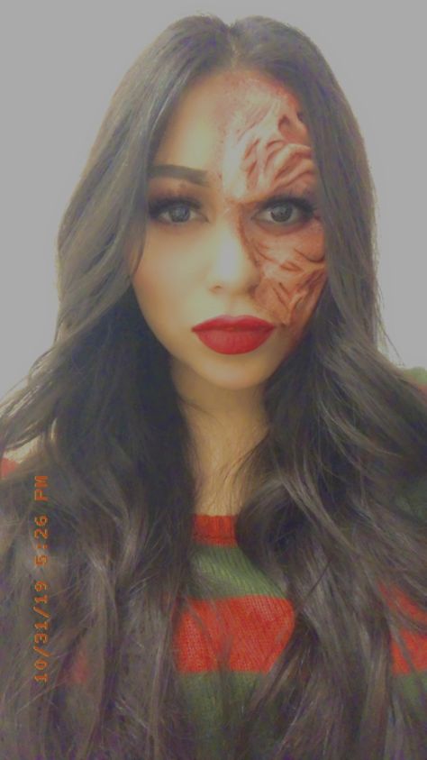 Halloween Makeup Freddy Kruger, Female Freddy Krueger Makeup, Freddie Kruger Makeup, Freddie Cruger Girl Costume, Freddy Krueger Sfx Makeup, Freddy Krueger Makeup, Woman Freddy Kruger, Freddy Kruger Make Up Girl, Freddy Krueger Costume