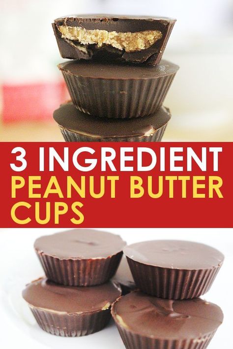 This delicious homemade peanut butter cups recipe is made with dark chocolate and it could not be easier! With just 3 ingredients, you probably have everything you need to make this recipe right now! #chocolate #peanutbutter #reeses #peanutbuttercups #recipe #homemade #easyrecipe #homemadecandy #halloween #candy #copycat #darkchocolate Sugar Free Healthy Desserts, Handheld Desserts, Ww Sweets, Melted Chocolate Chips, Divinity Candy, Vegan Peanut Butter Cups, Bark Candy, Peanut Butter Cups Recipe, Homemade Dark Chocolate