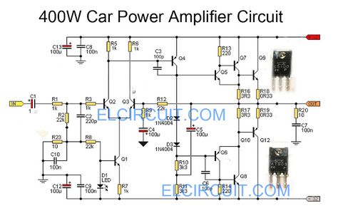 Car power amplifier circuit using Output Transistor C5100 / A1908. Power Output About 400W RMS at 8 Ohm. By using this amplifier project you can more audio on car subwoofer amplifier Amplifier Circuit Diagram, Mini Amplifier, Hifi Amplifier, Diy Amplifier, Electronic Circuit Design, Car Audio Amplifier, Car Amp, Subwoofer Amplifier, Electric Circuit