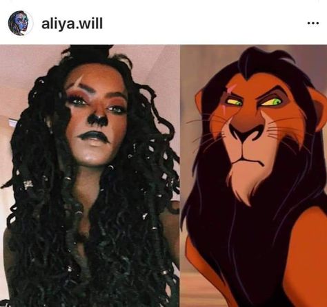 Female Scar Lion King, Scar Make Up Lion King, Pretty And Scary Halloween Costumes, Scar Lion King Costume Women, Fun Makeup Halloween Costumes, Halloween Lion Makeup, Nala Makeup Lion King, Nala Lion King Costume, Villans Costumes Ideas