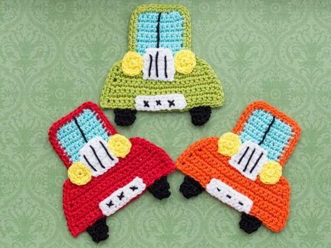 Crochet Vehicles, Crochet Car Decor, Car Applique, Car Crochet, Hekel Patrone, Crochet Bib, Crochet Applique Patterns Free, Crochet Appliques, Owl Applique