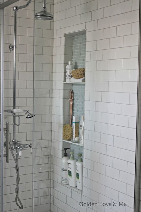 Tile Shower Shelf, Tile Shower Niche, Bathroom Niche, Subway Tile Showers, Master Shower, Bad Inspiration, Tiled Shower, Shower Niche, Upstairs Bathrooms