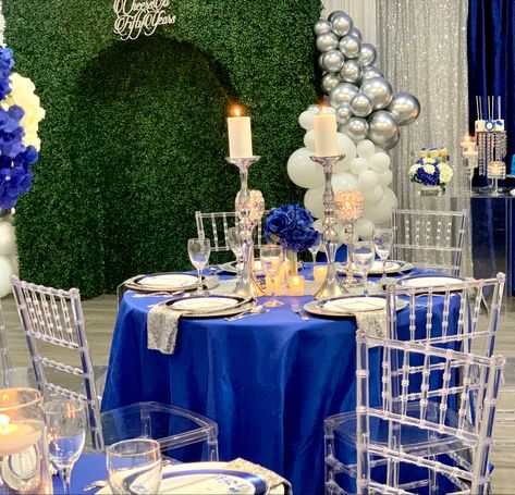 Royal Blue And Silver Graduation Party, Senior Graduation Party Ideas, Sweet 15 Ideas, Silver Weddings, Blue Silver Weddings, Sneaker Ball, Senior Graduation Party, Birthday Decorations For Men, Graduation Party Ideas