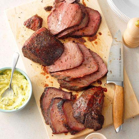 If you're looking for a flavorful cut of meat that's still pretty lean, give this tri-tip steak recipe a try. I like to cook it slowly over indirect heat, mopping it frequently with red wine sauce. —James Schend, Pleasant Prairie, Wisconsin Beef Sirloin Tip Roast, Grilled Sirloin, Tip Roast, Sirloin Tip Roast, Sirloin Roast, Grilled Roast, Sirloin Tips, Creamy Potato Salad, Beef Sirloin