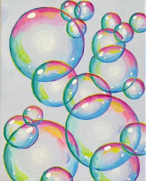 "Iridescent bubbles float through the air. Their edges overlap and reflect varied colors: magenta, orange, teal, and blue over a neutral gray background. Bubbles remind us of the joyful playing of children, and the calming waters of a warm bubble bath. What's more perfect yet impermanent than a bubble? This painting, titled \"An Illusion, A Dewdrop, A Bubble,\" refers to this Buddhist teaching: \"As a lamp, a cataract, a star in space, an illusion, a dewdrop, a bubble, a dream, a cloud, a flash of lightning, view all created things like this\" You can display this print on a shelf or hanging on a wall. Please note, product colors may differ slightly due to photographic lighting and differences in device settings, but I do my best to capture the true colors of my products. Printed on museum How To Color A Bubble, Paint Bubbles On Wall, How To Color Bubbles, Bubble Bath Painting, How To Paint A Bubble, How To Paint Bubbles Acrylic, Bubble Art Style, How To Paint Bubbles, Watercolor Bubbles Painting