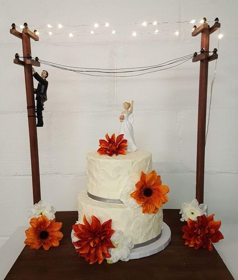 Lineman Wedding Ideas, Lineman Wedding Decor, Lineman Party Ideas, Lineman Grooms Cake Wedding Ideas, Lineman Grooms Cake, Lineman Top Out Party, Grooms Cake Lineman, Lineman Cake Topper, Lineman Cake