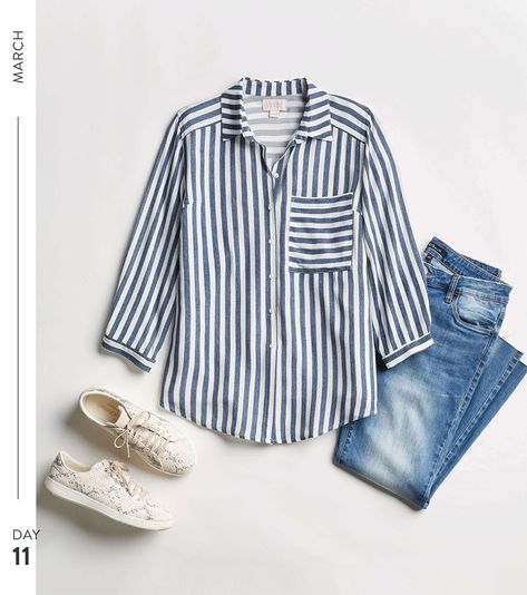 March 2019 Trends and Outfits | Stitch Fix Style Spring Everyday Shirt With Button Cuffs, H&m Everyday Spring Shirt, Stitch Fix 2023, Spring Button-up Tops With Snap Cuffs, Stitch Fix Fall 2022, Collared Shirts, Striped Shirts, Spring Denim, Boxy Top