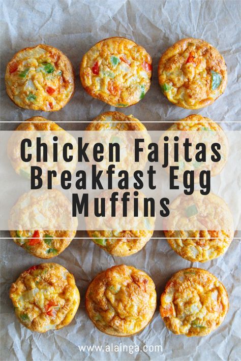 Easy make ahead Chicken Fajitas Breakfast Egg Muffins that make the perfect quick and hearty breakfast to grab on the go on busy mornings. They are packed with fluffy eggs, chicken, onions, bell pepper, fajita seasoning and cheddar cheese. Eggs Chicken Breakfast, Breakfast Fajitas Eggs, Chicken Muffins Healthy, Egg And Chicken Breakfast, Chicken Egg Breakfast, Chicken Fajita Omelette, Breakfast Fajitas, Make Ahead Chicken, Chicken Muffins