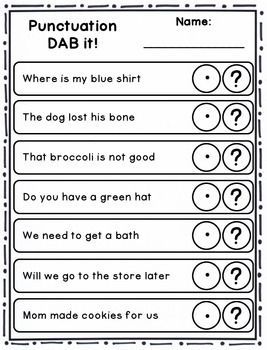 DAB it Activities - Punctuation (periods/question marks, statements/questions) Period Fits, Punctuation Activity, Teaching Punctuation, Punctuation Activities, Bingo Dabber, Punctuation Worksheets, Question Marks, 1st Grade Writing, English Grammar Worksheets