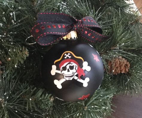 Pirate matte black glass Christmas ornament Pirate Christmas, Mermaid Pirate Party, Diy Pirate, Cricut Ornaments, Pagan Christmas, Pirate Birthday Party, Handcrafted Ornaments, Pirate Birthday, Burlap Christmas