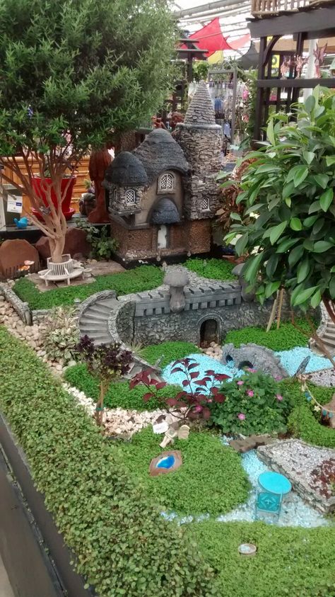 Large fairy garden using all real plants. Fairy Garden Layout Ideas, Fairy Tale Garden Ideas, Large Fairy Garden Ideas, Castle Diorama, Indoor Mini Garden, Large Fairy Garden, Fairy Pots, Garden Gate Design, Fairy Garden Ideas