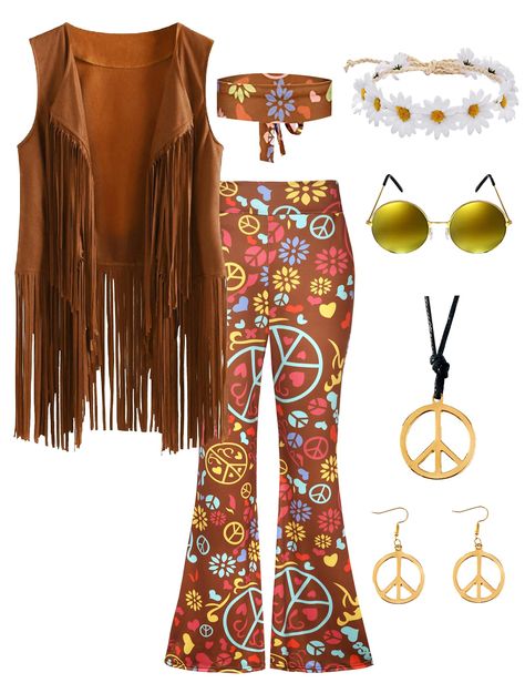 PRICES MAY VARY. 70s outfit for women:Hippie costume include 1*hippie fringe vest suede, 2*hippie flower headband, 1*peace sign earrings , 1*peace sign necklace, and 1*retro sunglasses,these hippie accessories will bring you an attractive charm, make you the focus of the theme party. Soft meterial :Pants:Stretchy Fabric, Fit To Wear All Day.Machine Wash are Available,hippie fringe vest is made Faxure Suede , is light weight, soft and comfortable when your wearing.Wear with Hippie accessories wil 70s Themed Outfits, Hippie Costume Diy, Woodstock Outfit, 70s Party Outfit, Hippy Costume, 70s Outfit, 70s Women Fashion, Hippie Accessories, 70s Costume