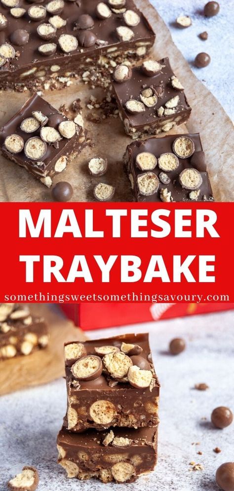 This Malteser traybake is incredibly popular with people of all ages!  An easy no bake slice with milk chocolate, crushed biscuits and lots of crunchy Maltesers!  #maltesertraybake #nobakemaltesertraybake #malteserslice #maltesertiffin #nobakemalteserslice, No Bake Malteser Slice, Malteaser Slice, Malteser Tray Bake, No Bake Slice, Malteser Slice, Rich Tea Biscuits, Slice Recipes, No Bake Slices, Fridge Cake