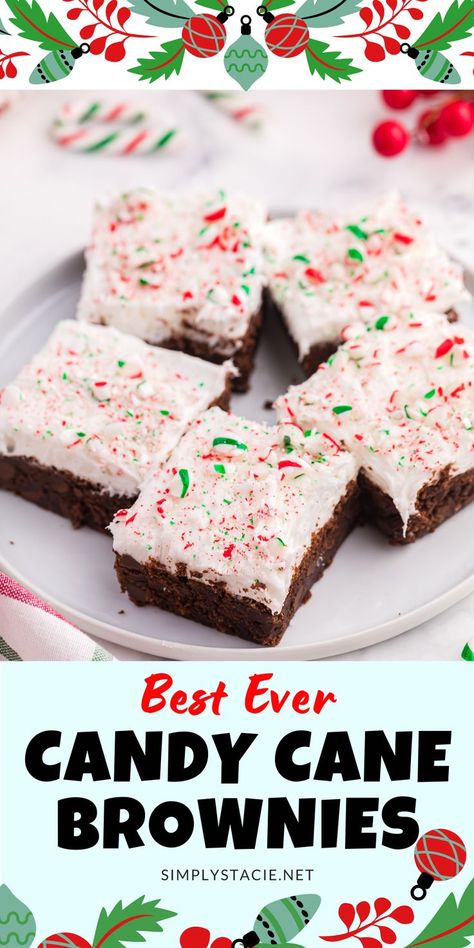 candy cane brownies on a white plate. Candy Cane Dessert Recipes, Crushed Candy Cane Recipes, Christmas Pastries Ideas, Fast Christmas Desserts, Christmas Desserts For Kids, Simple Christmas Treats, Candy Cane Desserts, Candy Cane Recipes, Candy Cane Brownies