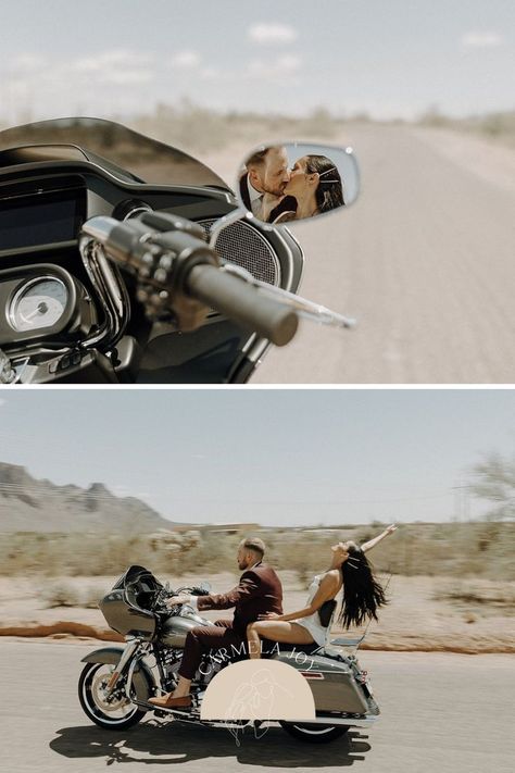 Wedding Pictures Motorcycle, Wedding Exit Motorcycle, Motorcycle Save The Date Ideas, Motorcycle Bridal Pictures, Harley Wedding Pictures, Motorcycle Wedding Exit, Motorcycle Wedding Dress, Wedding Photo Motorcycle, Biker Engagement Photos Ideas