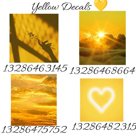 next is green 🍏 Yellow Aesthetic Bloxburg Decals, Roblox Image Codes Aesthetic, Yellow Decals Bloxburg, Minecraft Id, Cool Cheer Stunts, Sun Aesthetic, Yellow Aesthetic Pastel, Bloxburg Decals Codes Aesthetic, Gold Decal