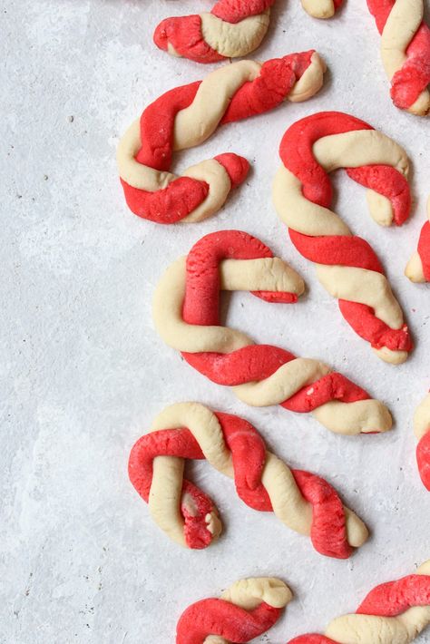 Candy Cane Shortbread Cookies - Sweets by Elise Candy Cane Shaped Cookies, Candy Cane Shortbread Cookies, Red Food Dye, Candy Cane Cookies, Festive Cookies, Shaped Cookies, Shortbread Recipes, Peppermint Cookies, Butter Cookie