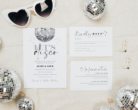 Disco Invitation Discoball Wedding Invitation Template - Etsy Disco Theme Wedding, Silver Wedding Invitation, Wedding Disco, Silver Wedding Invitations, Disco Theme, Theme Wedding, Diy Template, Wedding Invitation Suite, Invitation Suite