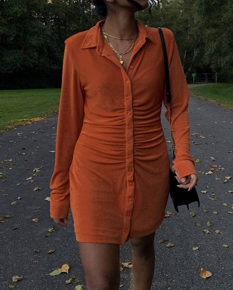 The 30 Best Petite Dresses and the Brands to Buy Them From | Who What Wear Orange Shirt Dress Outfit, Pink Green Fashion, Wag Outfits, Scrunch Dress, Shirt Dress Fall, Fashion Profile, Velvet Shirt Dress, Orange Outfits, With Jéan