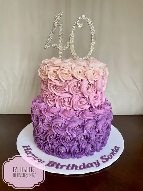 Pink to purple hombré rosettes 2-tier 40th birthday cake Purple And Pink Cake Designs, Purple 40th Birthday Cake, Pink 2 Tier Birthday Cake, 2 Tier Birthday Cake Ideas, 2 Tier Rosette Cake, Three Tier Cake Birthday, 2 Tier Cake Ideas, Cake For Women Simple, Pink And Purple Birthday Cake