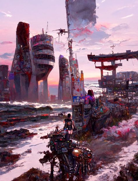 Cyberpunk Beach, Painting Sunset Beach, Beach Episode, Painting Sunset, Beach City, Arte Cyberpunk, Beautiful Painting, Future City, Sunset Beach